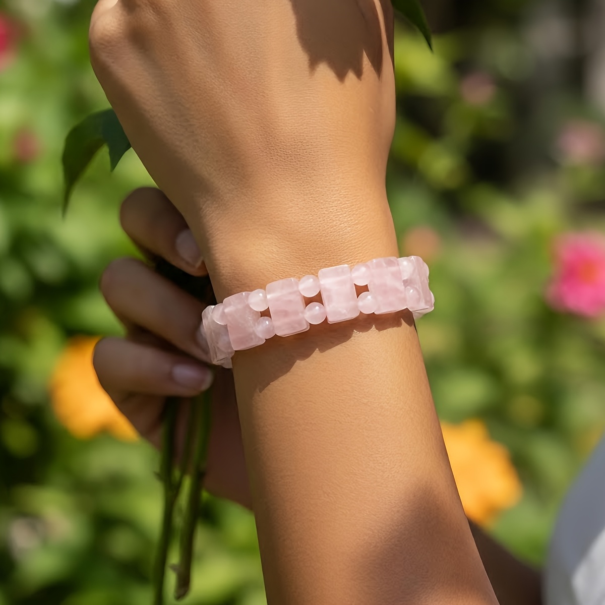 Bohemian Rose Quartz Women's Elastic Bracelet, Casual Gift